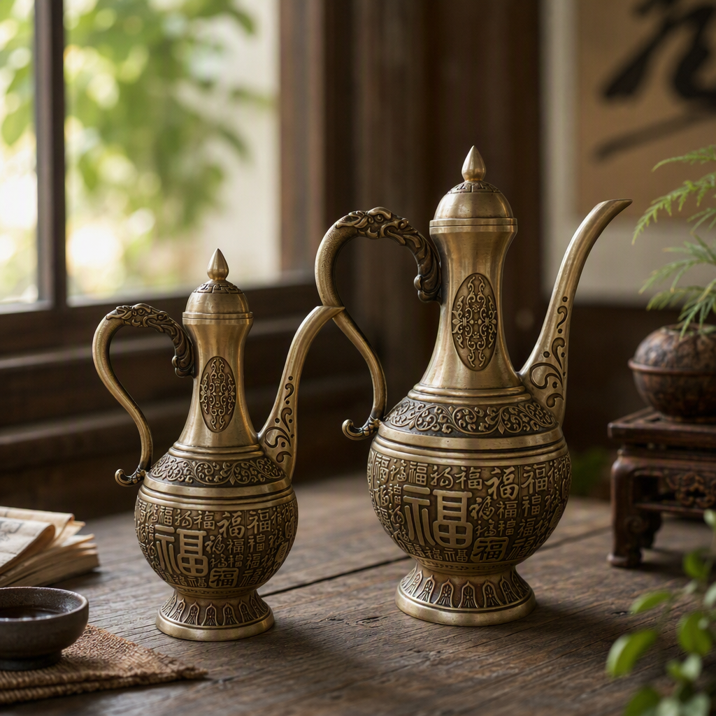 A two-piece golden copper wine pot set with a "Fu" character dragon head handle decoration, a classical and elegant wine collection gift details Picture