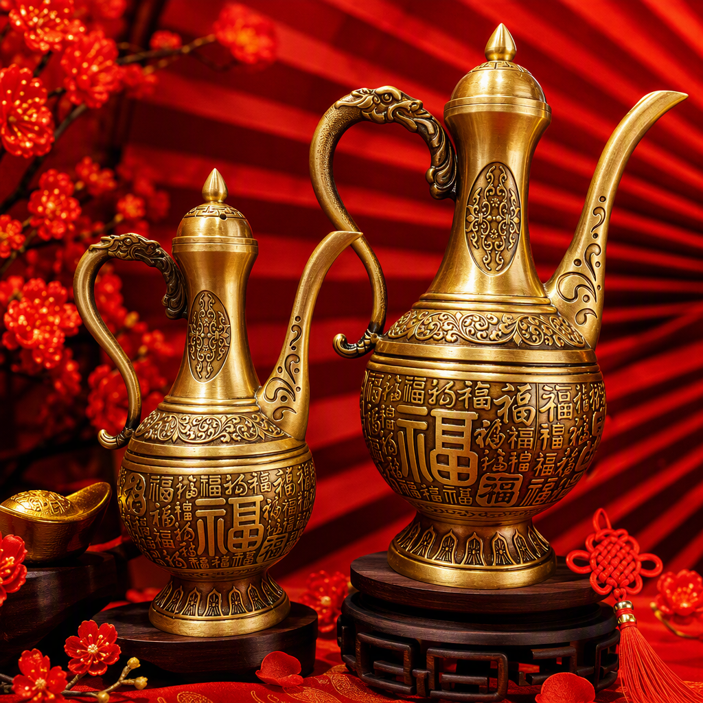 A two-piece golden copper wine pot set with a "Fu" character dragon head handle decoration, a classical and elegant wine collection gift Specification image