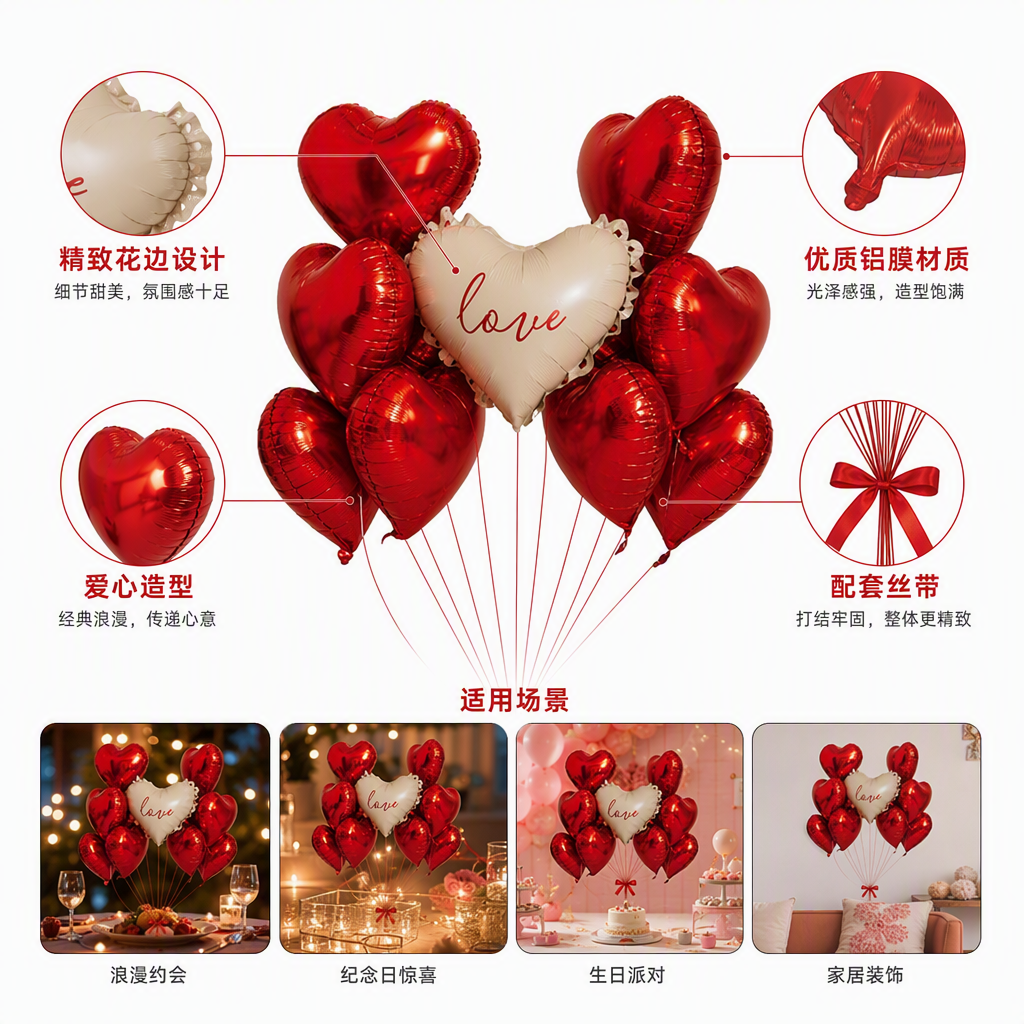 Red heart-shaped balloons and white balloons with the word "love" combined for wedding party decoration and festive atmosphere arrangement