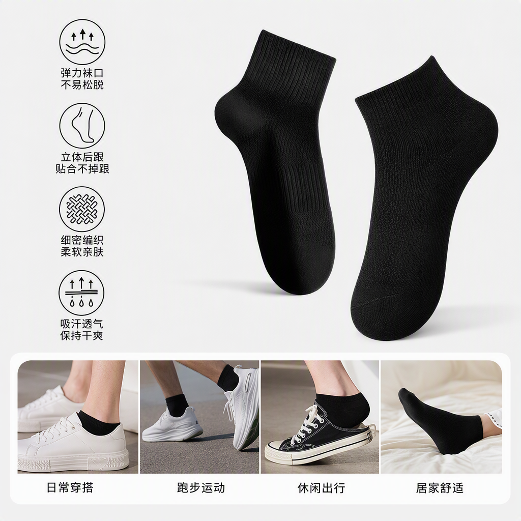 时尚百搭中筒短款黑色袜子运动休闲男女通用舒适透气潮流款式