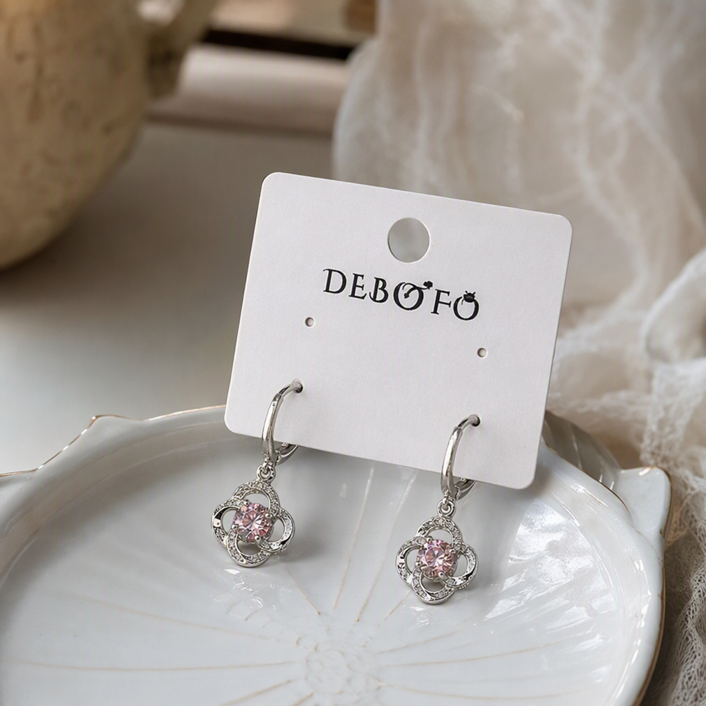 Silver anti-allergy earrings with pink zircon fashion earrings, white label printed with DEBOFC words, women's accessory details Picture