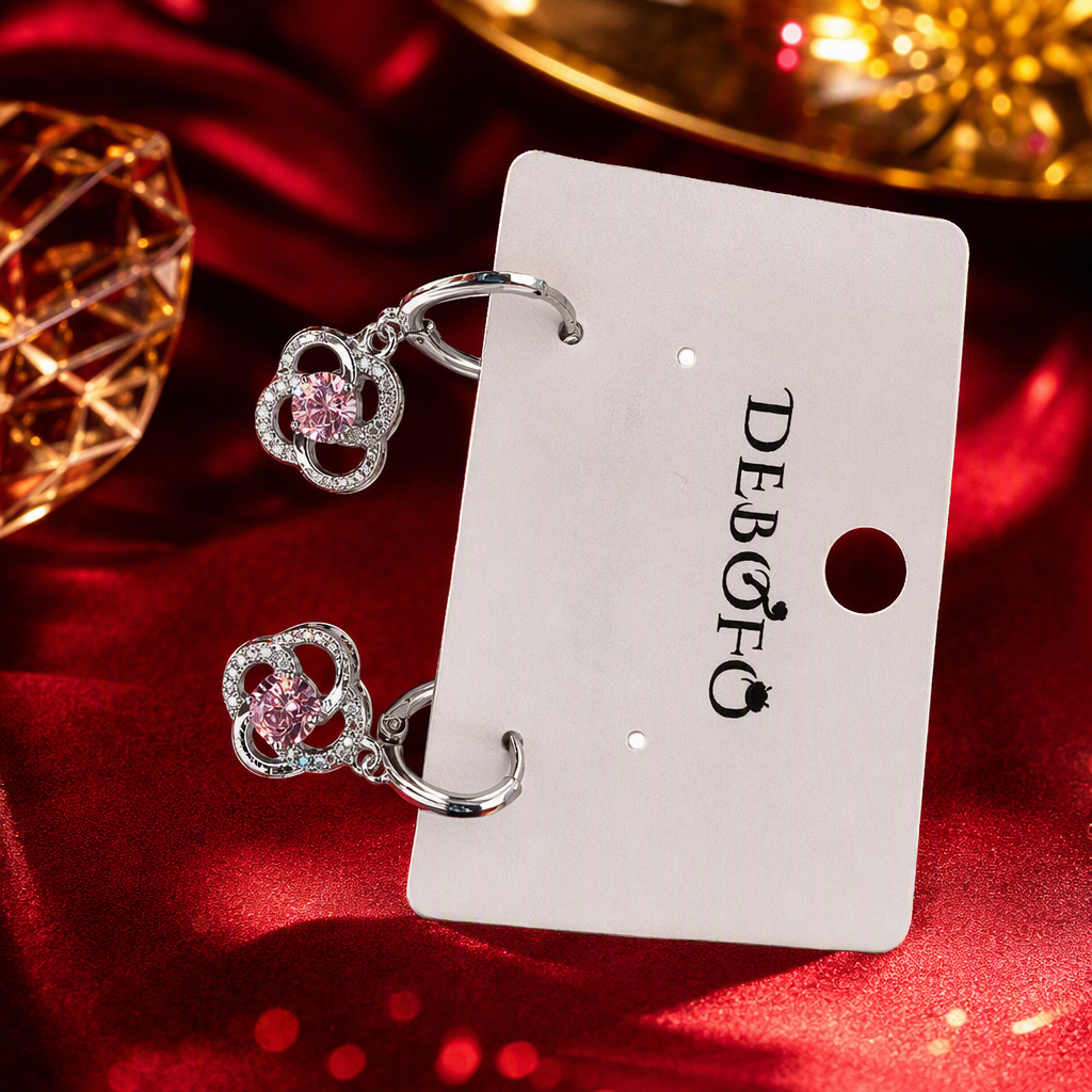 Silver anti-allergy earrings with pink zircon fashion earrings, white label printed with DEBOFC words, women's accessory Specification image