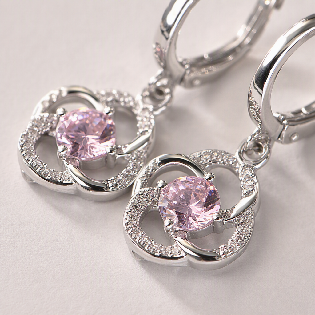 Silver anti-allergy earrings with pink zircon fashion earrings, white label printed with DEBOFC words, women's accessory Application Scenario