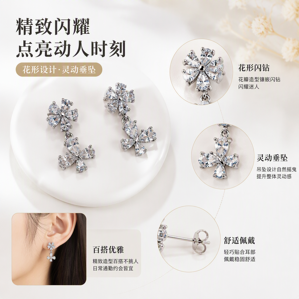 Silver zircon anti-allergy flower butterfly-shaped earrings and pendants, elegant and fashionable, versatile earring accessories