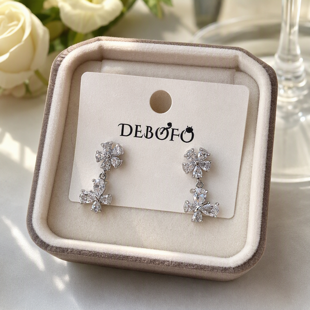 Silver zircon anti-allergy flower butterfly-shaped earrings and pendants, elegant and fashionable, versatile earring accessories details Picture