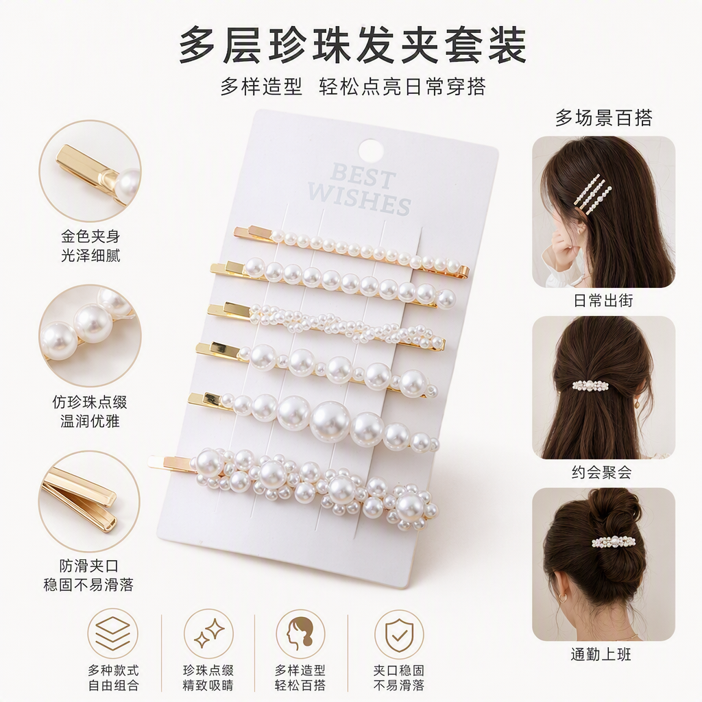 White card-decorated pearl hair clips, simple and elegant hair accessories, headwear, hair accessories, hair clips and other versatile accessories