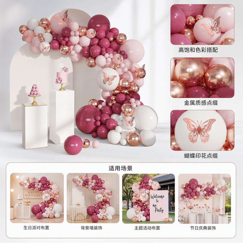 Pink, rose and gold balloon arch decoration set, wedding celebration party decoration, atmosphere creation