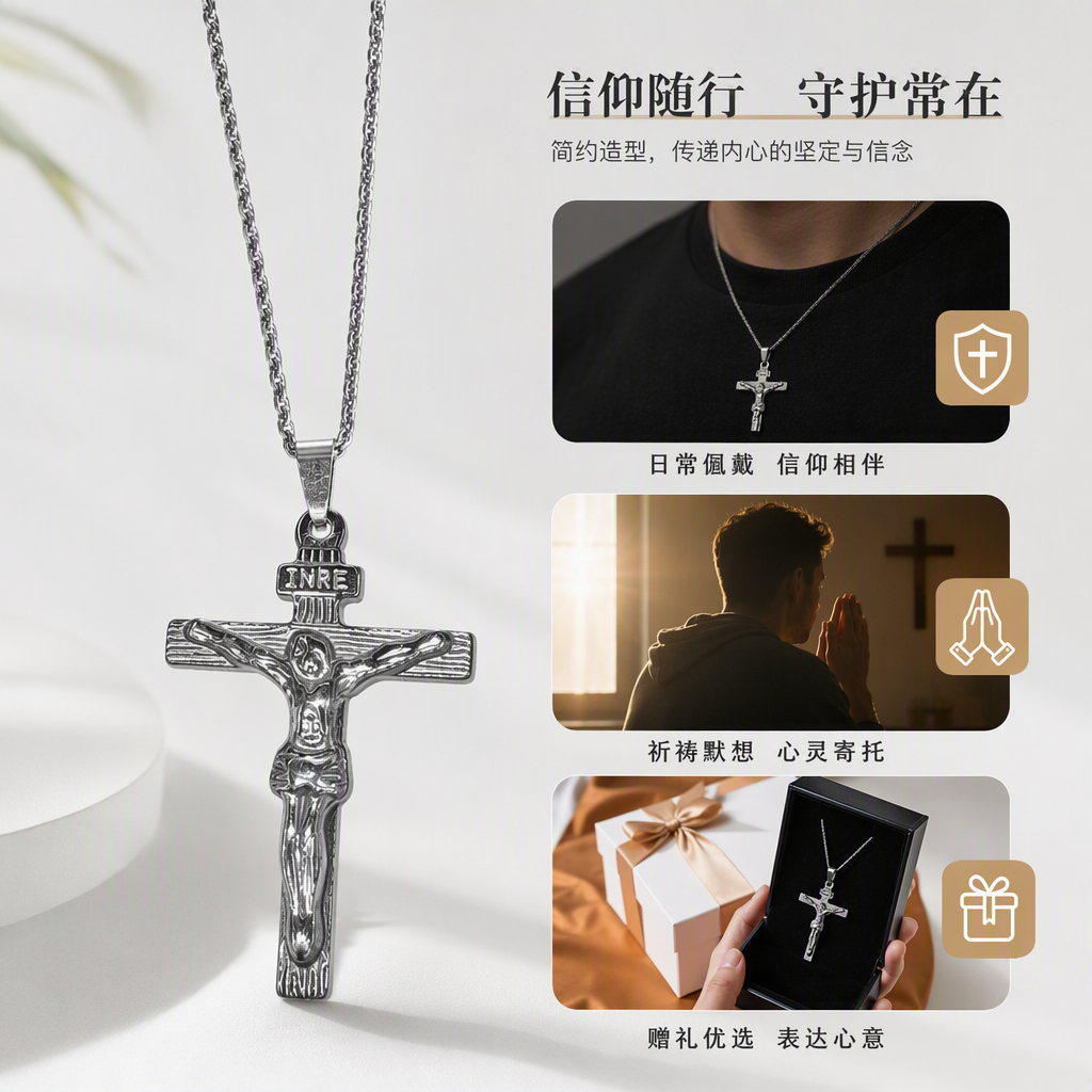 不锈钢项链 银色十字架吊坠带铭文与耶稣受难像时尚项链配饰男女款