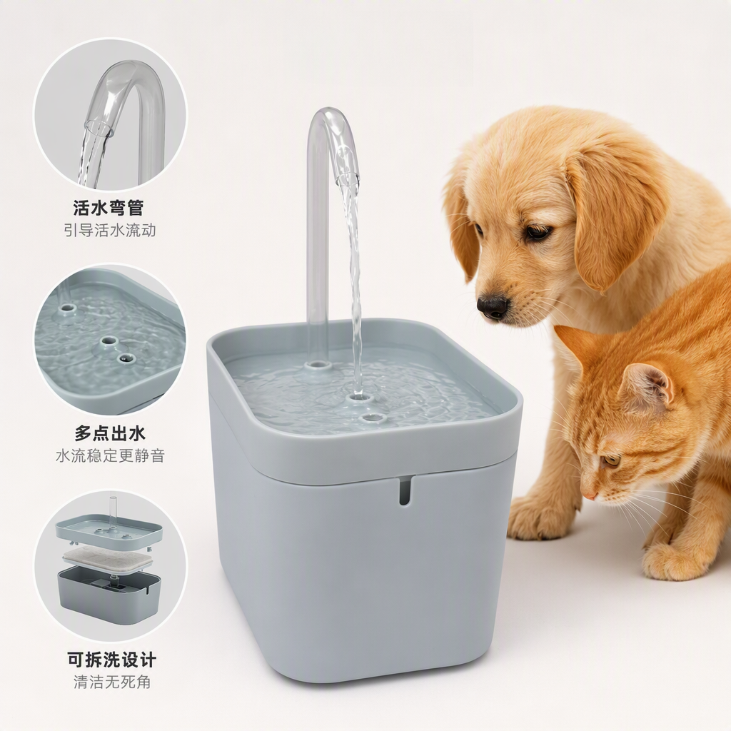 Fashionable light grey pet water dispenser, large-capacity silent pet supplies, pet water feeder, essential for pets
