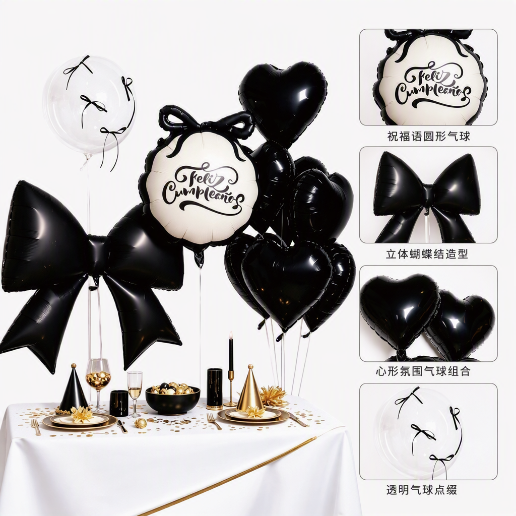 Black balloon set with bow-shaped heart-shaped Feliz Cumpleanos round decoration party decor items