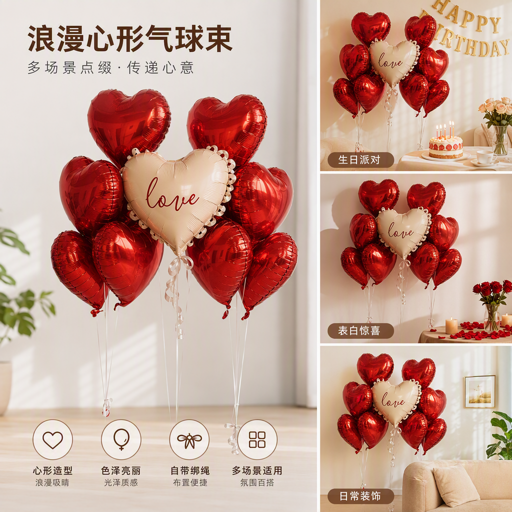 Beige heart-shaped balloons with the word "love" and red heart-shaped balloons are used to decorate the party atmosphere items
