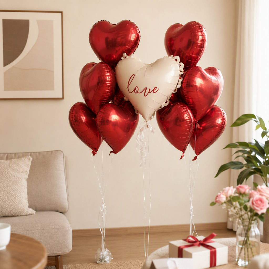 Beige heart-shaped balloons with the word "love" and red heart-shaped balloons are used to decorate the party atmosphere items details Picture