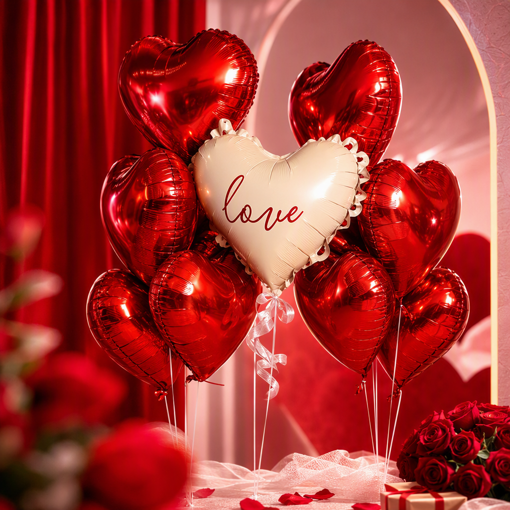 Beige heart-shaped balloons with the word "love" and red heart-shaped balloons are used to decorate the party atmosphere items Specification image