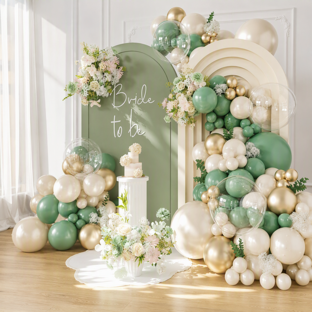 Green and gold balloon arch bouquet decoration scene wedding decoration Bride to be word balloon decoration details Picture
