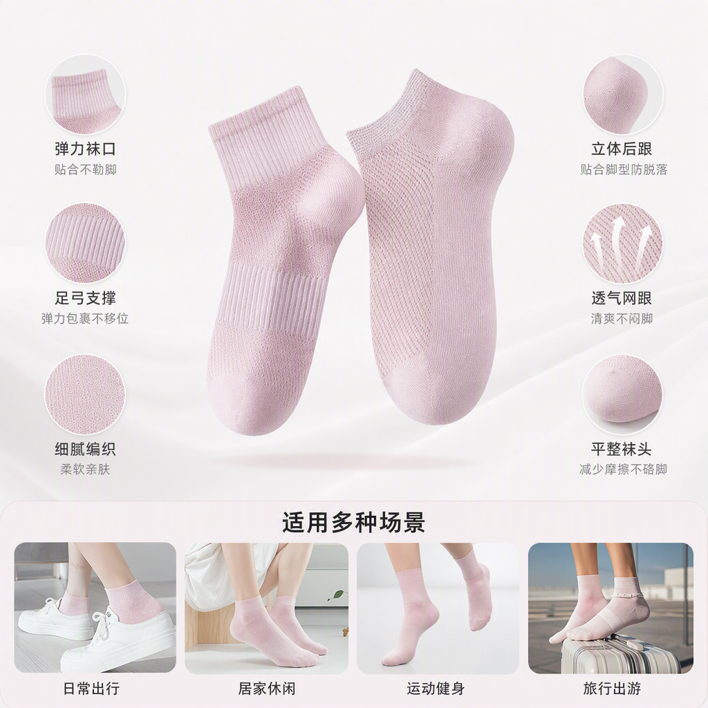 舒适百搭粉色中筒短款袜子女春夏韩版潮流运动休闲袜子女薄款百搭款