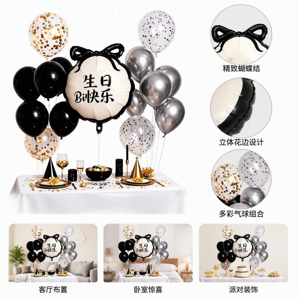 Black and gold balloon decoration set for birthday party decoration, black and white bow balloons, silver and gold foil embellishments, birthday supplies