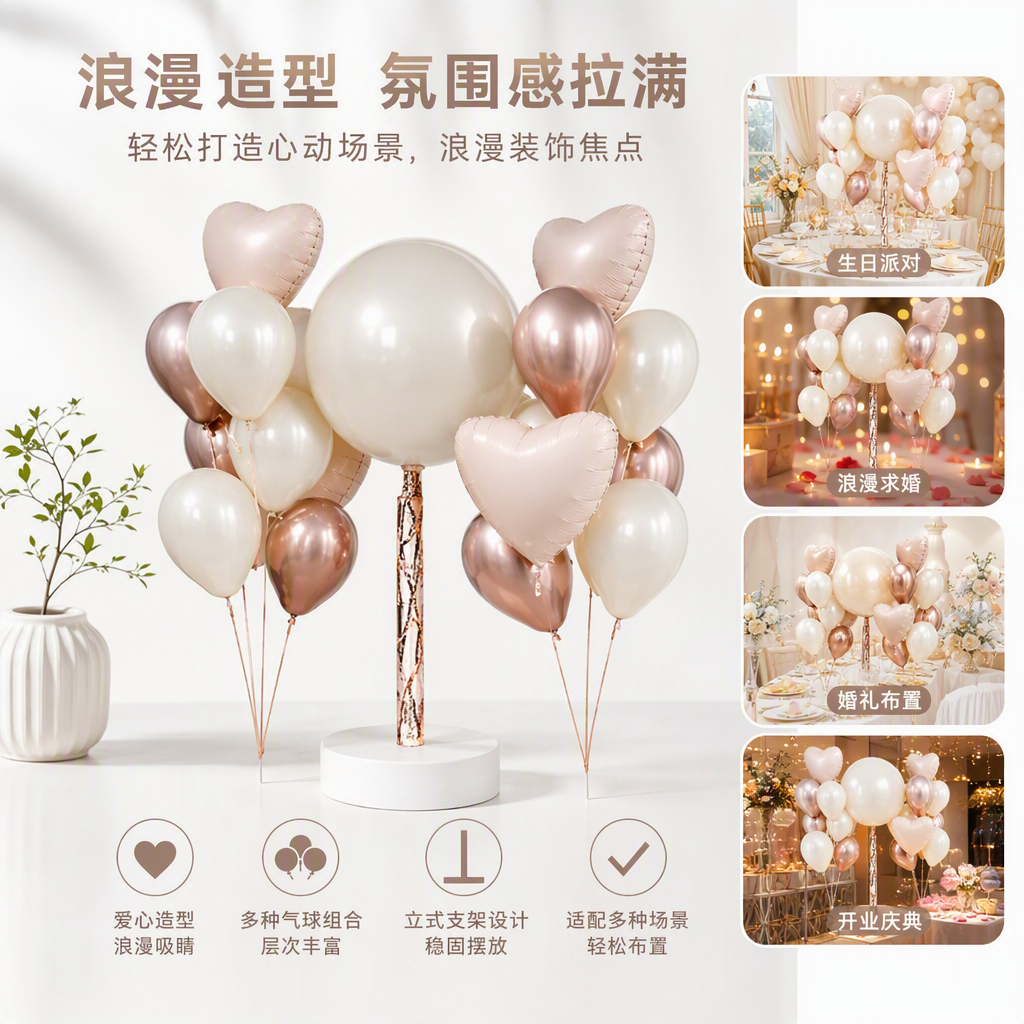 A combination of golden and off-white balloons is used to decorate wedding party and celebration Settings, creating an atmosphere and providing decorative items