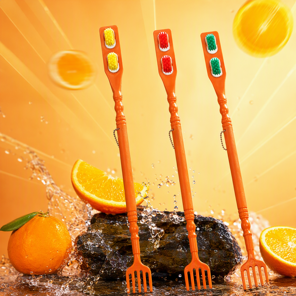 Orange Tickle tickle three-piece set, two-color massage head handle with ring, bottom four-toothed fork structure, portable home care tool Specification image