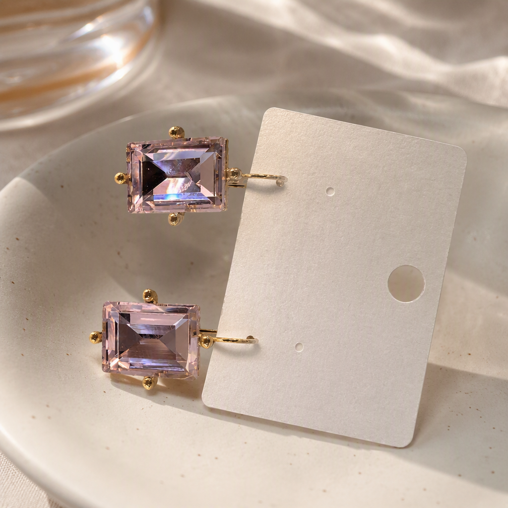 Elegant pink square zircon earrings, simple and elegant women's earrings, fashionable and versatile earring accessories details Picture