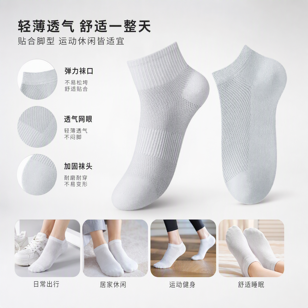 舒适白色中筒短筒休闲袜透气运动袜男女款春夏薄款百搭潮流