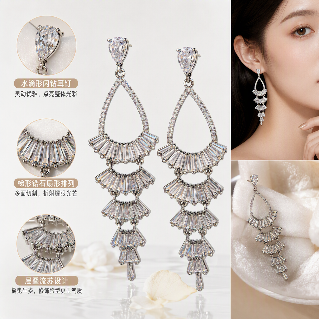 Shining silver diamond-encrusted tassel earrings, simple and fashionable earrings, women's versatile earrings, trendy accessories