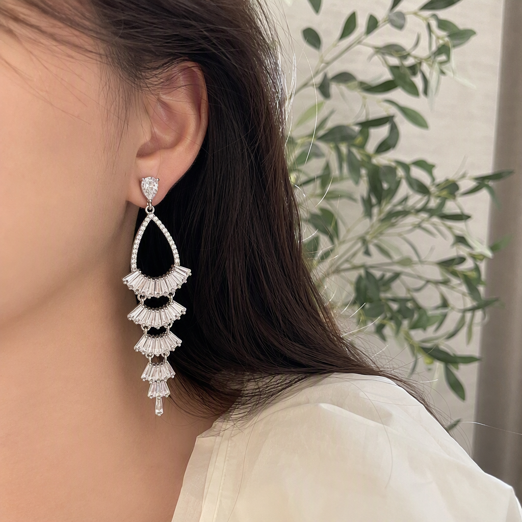 Shining silver diamond-encrusted tassel earrings, simple and fashionable earrings, women's versatile earrings, trendy accessories details Picture