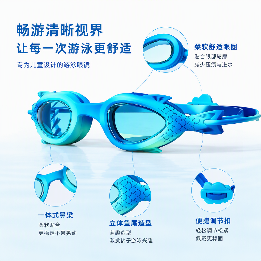 Professional anti-fog and waterproof swimming glasses for children and adults, comfortable and anti-slip, blue fish-shaped design