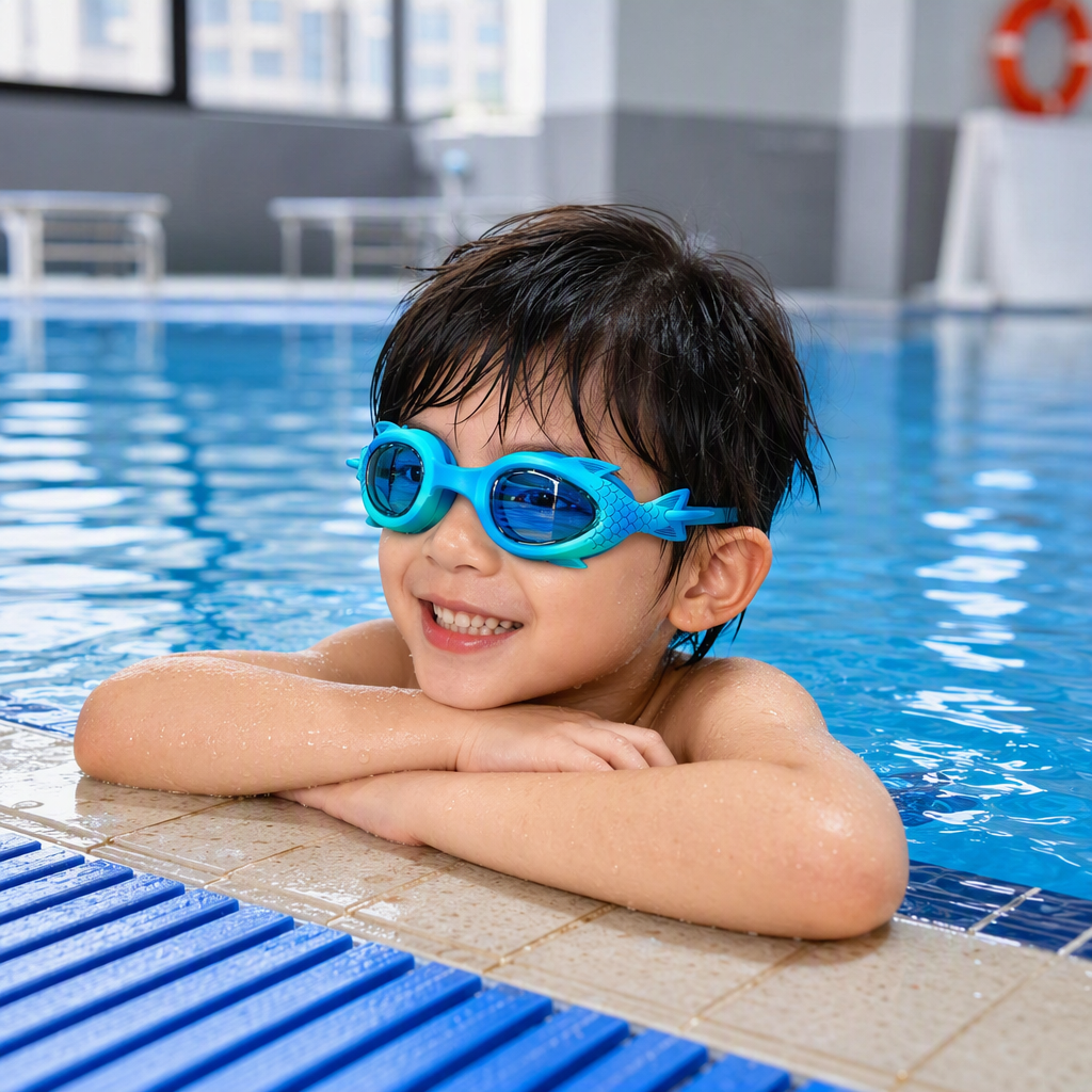 Professional anti-fog and waterproof swimming glasses for children and adults, comfortable and anti-slip, blue fish-shaped design details Picture