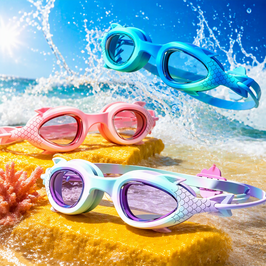 Professional anti-fog and waterproof swimming glasses for children and adults, comfortable and anti-slip, blue fish-shaped design Specification image