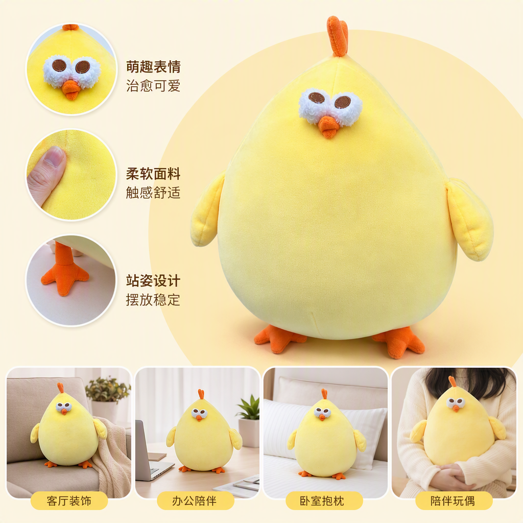 Cartoon and cute yellow chicken plush toy, children's toy, pillow, doll, birthday gift, adorable souvenir