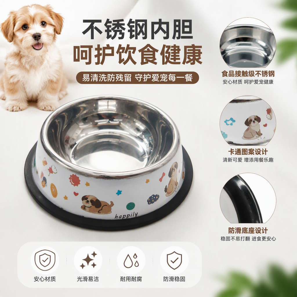 银色金属宠物碗卡通小狗图案防滑底座宠物喂食碗宠物用品