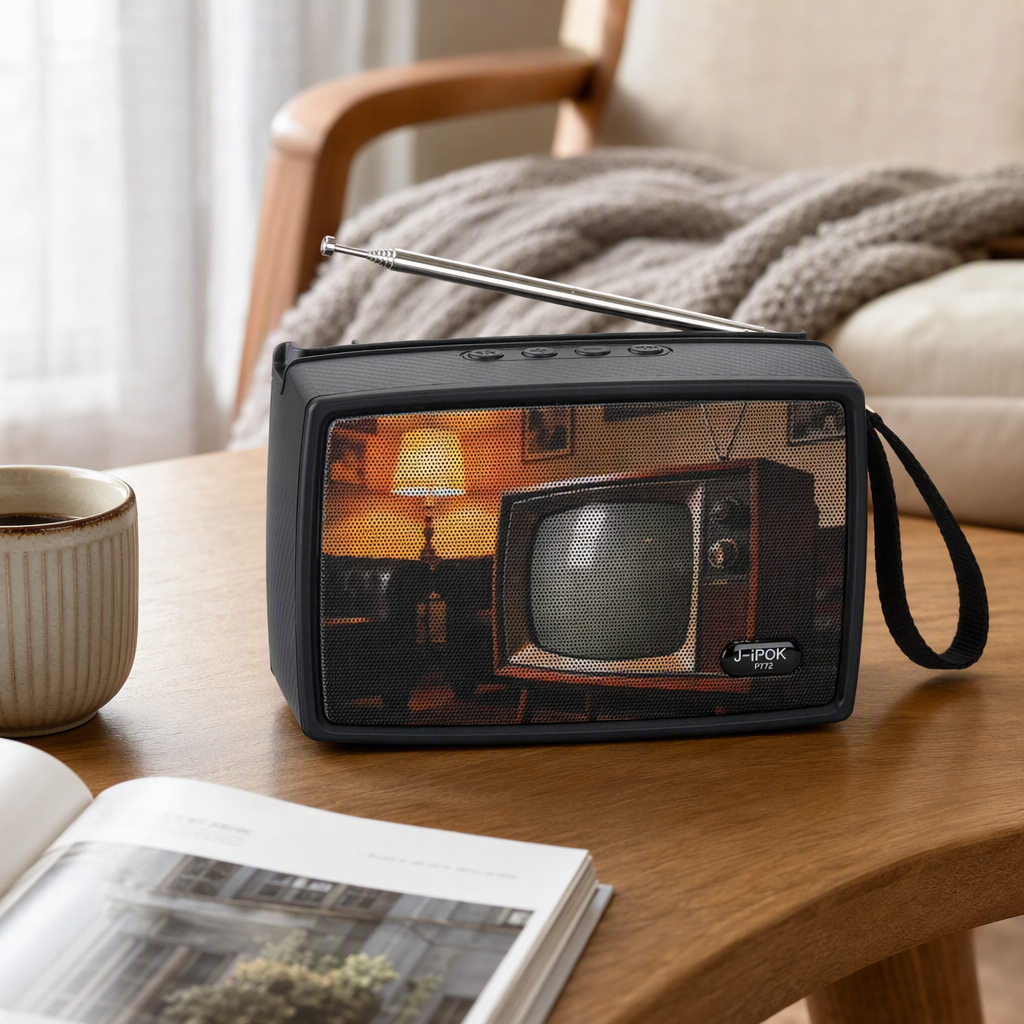 J-iPOK P772 Black retro Bluetooth speaker, old-fashioned TV pattern telescopic antenna, portable control handle audio equipment details Picture