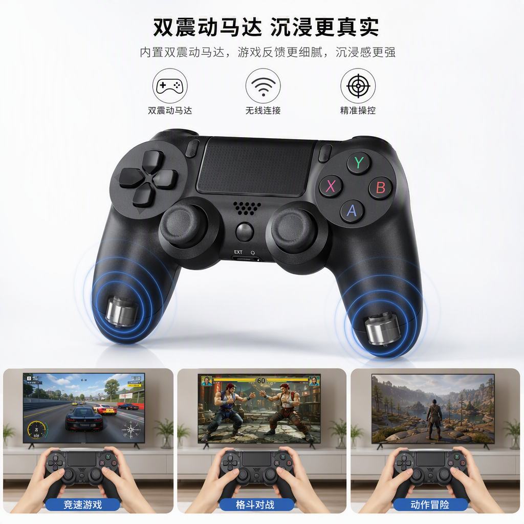 The wireless Bluetooth black game controller supports multi-platform vibration remote control for gaming, providing a comfortable and portable feel