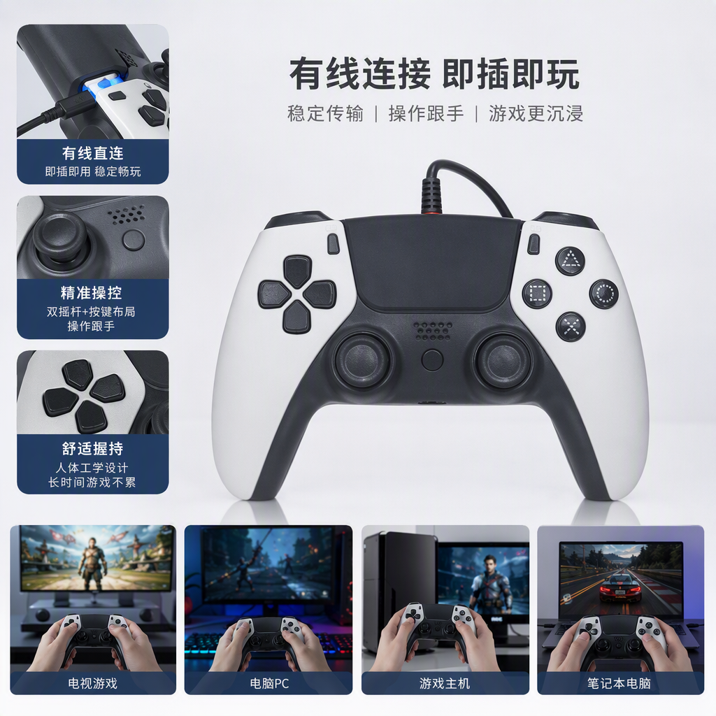 The black charging base is compatible with multiple game controllers. The portable packaging box is used to store accessories. The game controller set is in black, white, blue and red
