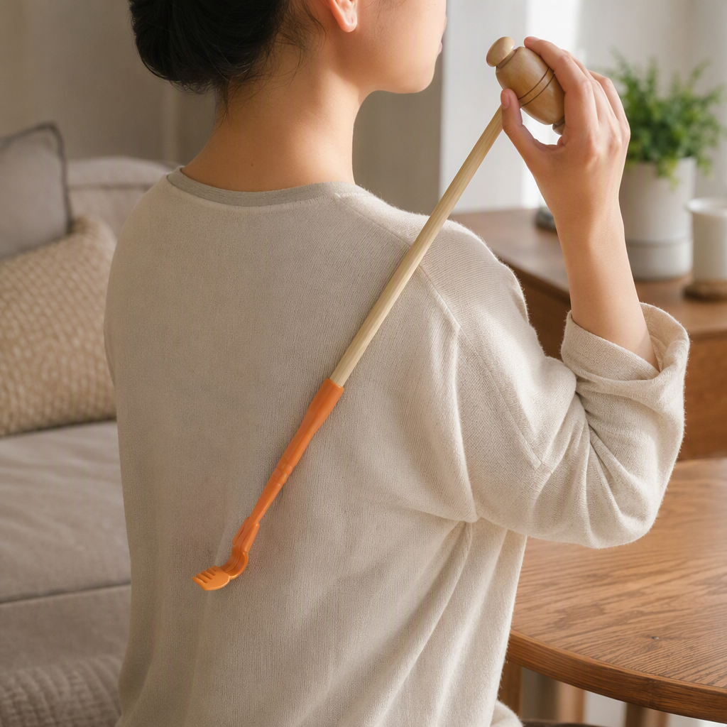 The orange itch-scratching handle wooden massage hammer is a handheld therapeutic tool for relaxing muscles and relieving fatigue details Picture