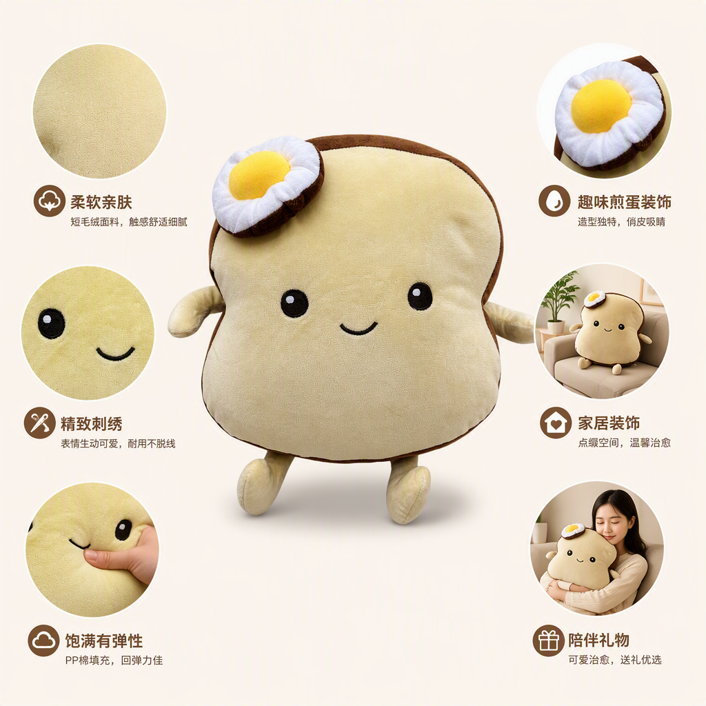 Cute yellow bread doll with fried egg decoration on top, cartoon pillow, plush toy, children's gift