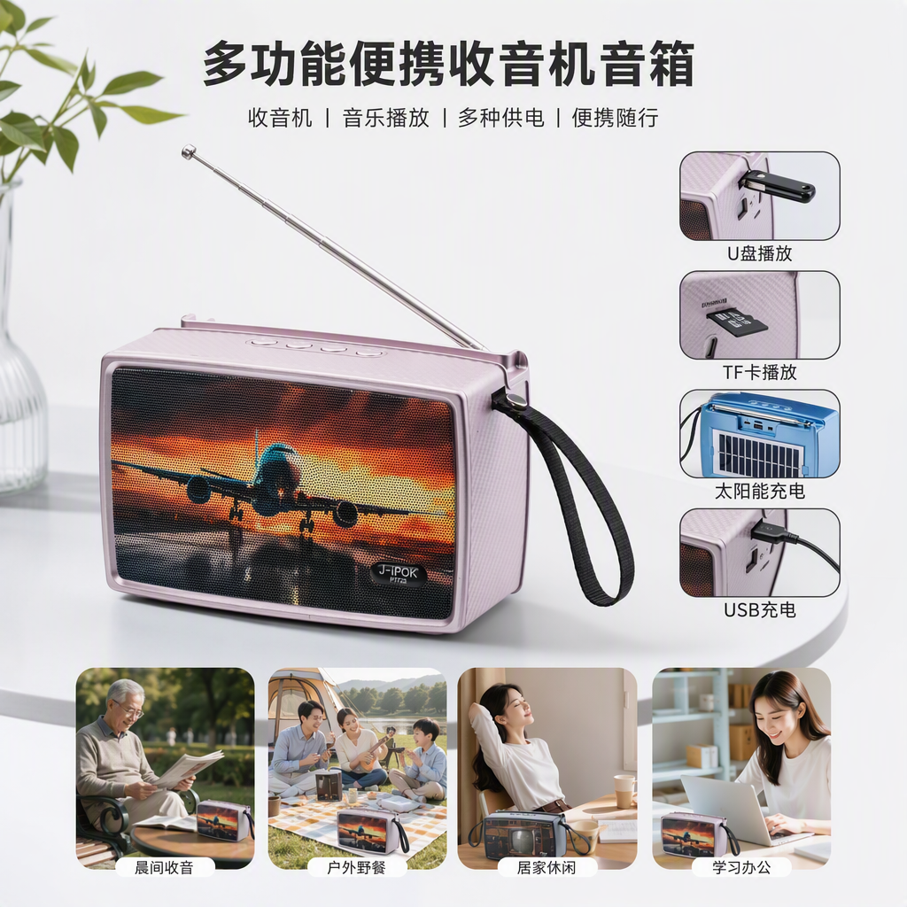 Silver portable speaker, airplane sunset pattern, retractable antenna, black handle, fashionable outdoor music player