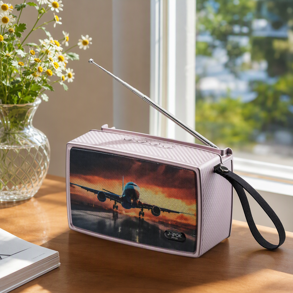 Silver portable speaker, airplane sunset pattern, retractable antenna, black handle, fashionable outdoor music player details Picture