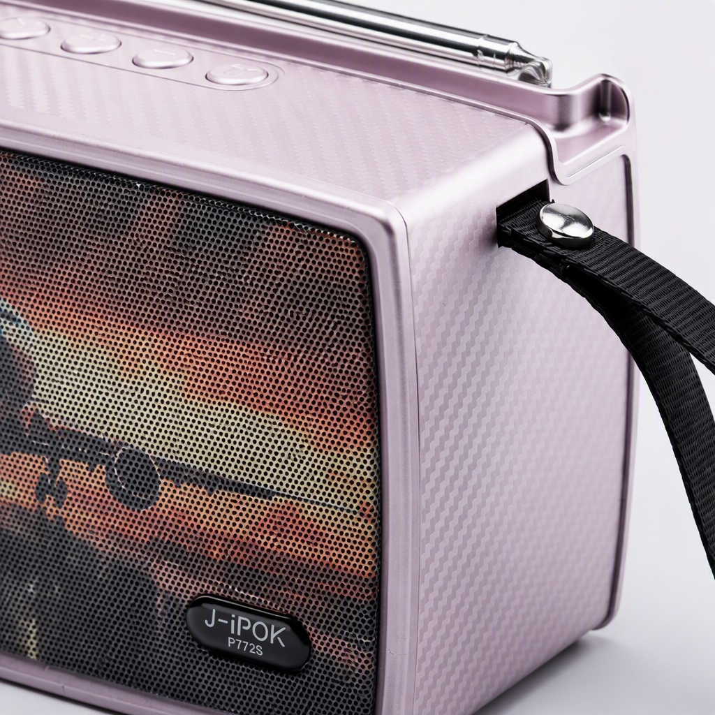 Silver portable speaker, airplane sunset pattern, retractable antenna, black handle, fashionable outdoor music player Application Scenario
