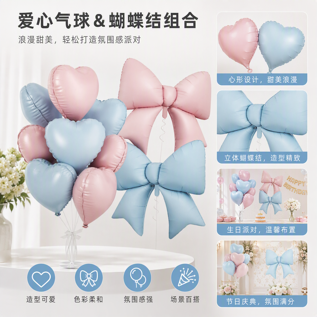 Pink and blue heart-shaped balloon bow decoration is a perfect tool for setting up the atmosphere at wedding parties