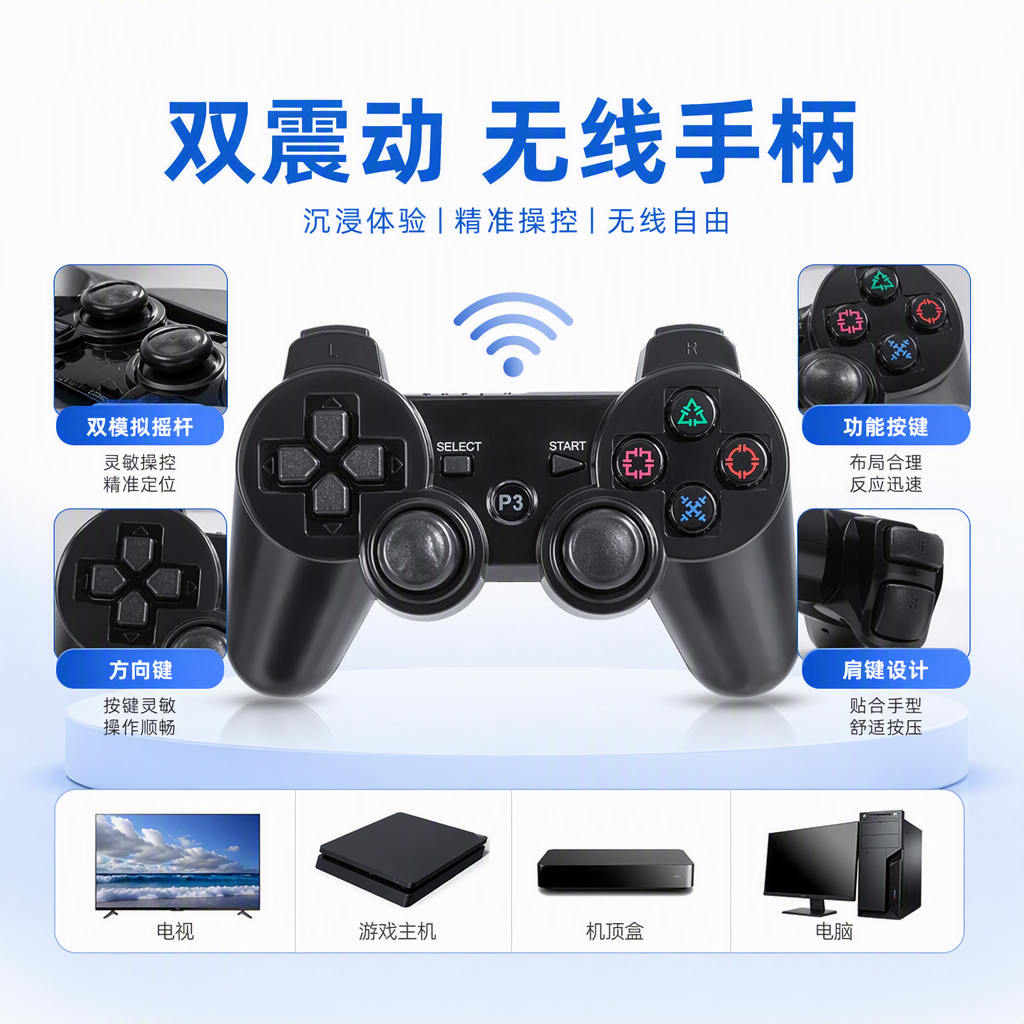 The black wireless game controller features dual-motor vibration and supports multi-platform control of P III, providing a comfortable feel