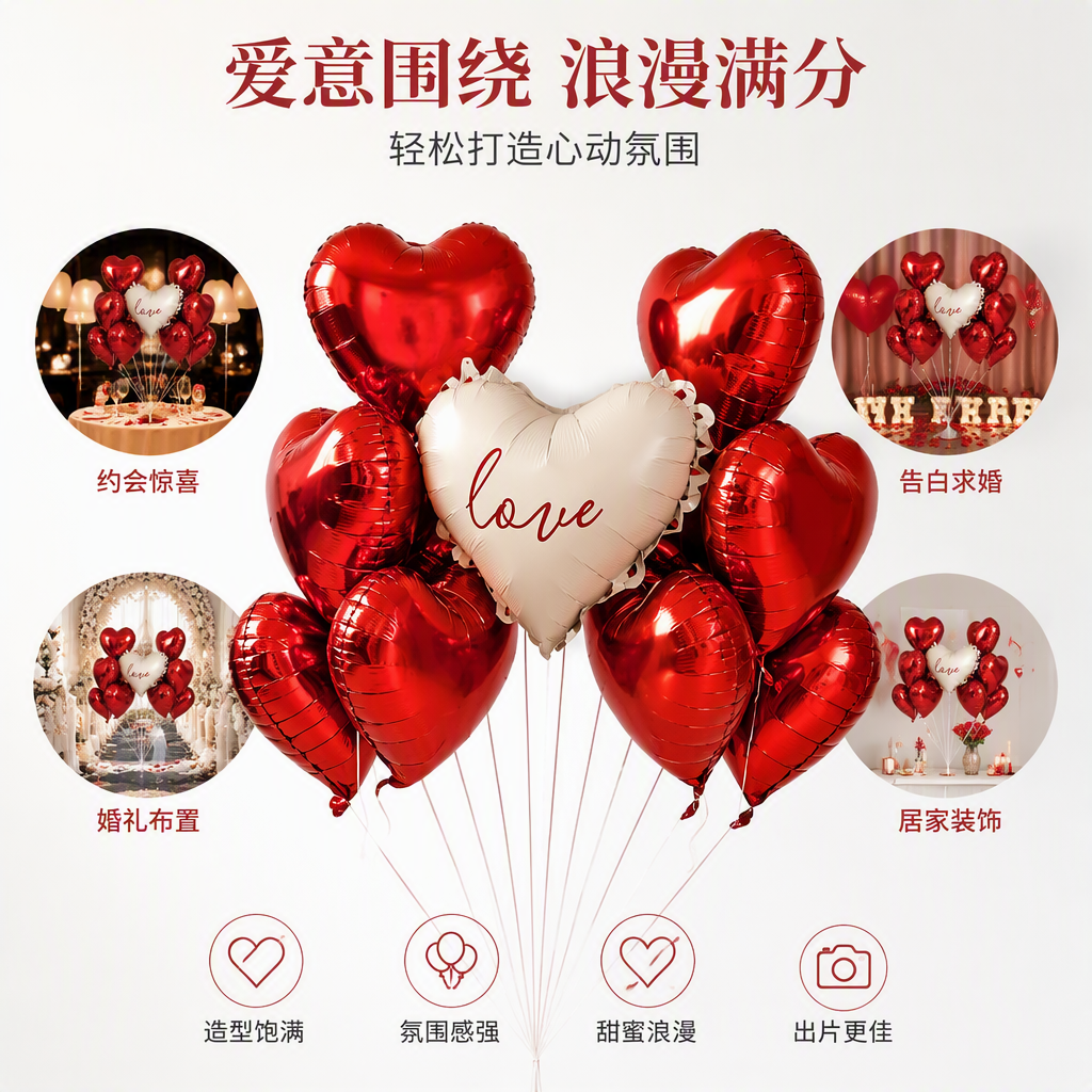 Romantic red heart-shaped balloons with the word "love" in white are combined for wedding party decoration, atmosphere arrangement, and gift giveaways
