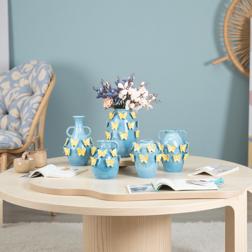 Creative blue butterfly ceramic vase set for home decoration, art piece and gift