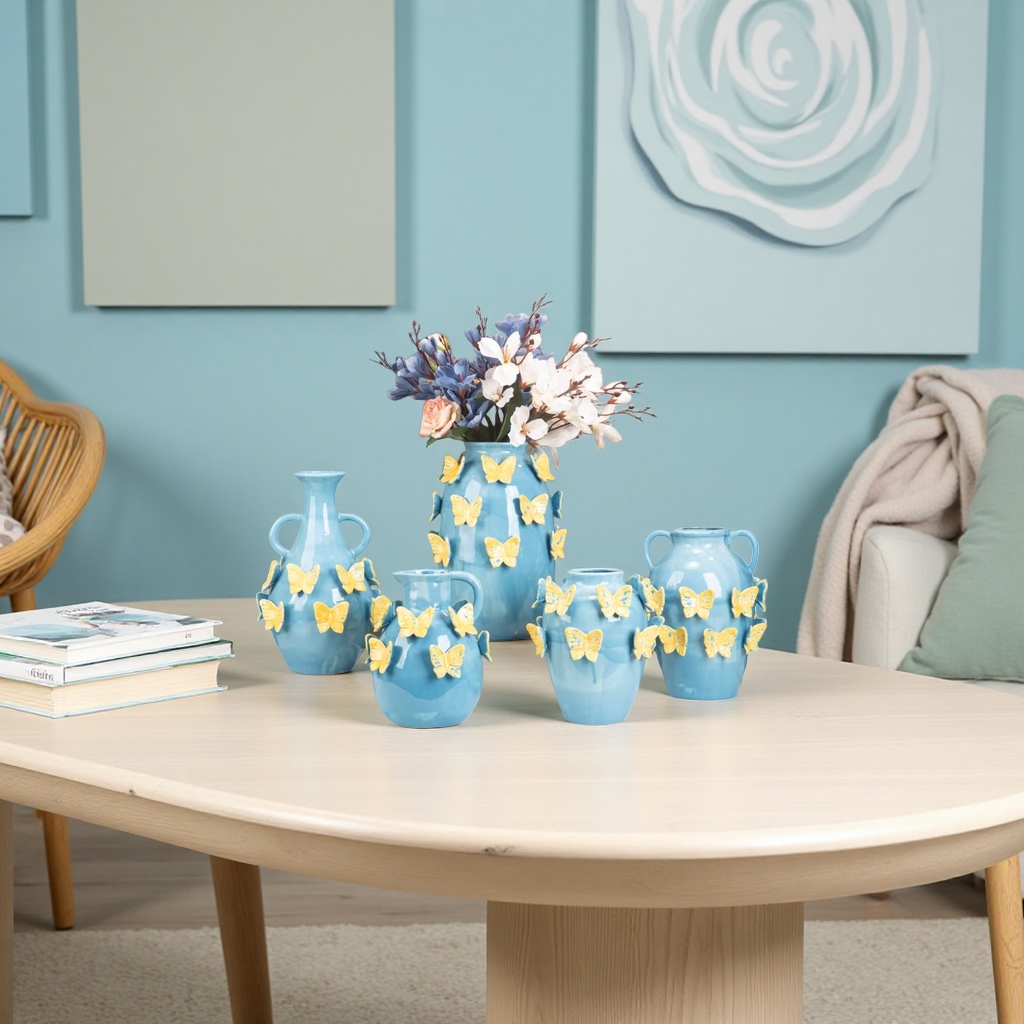 Creative blue butterfly ceramic vase set for home decoration, art piece and gift details Picture