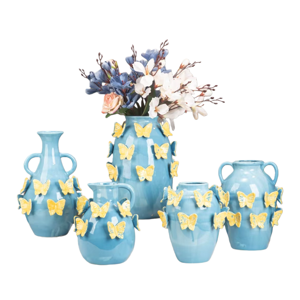 Creative blue butterfly ceramic vase set for home decoration, art piece and gift Specification image