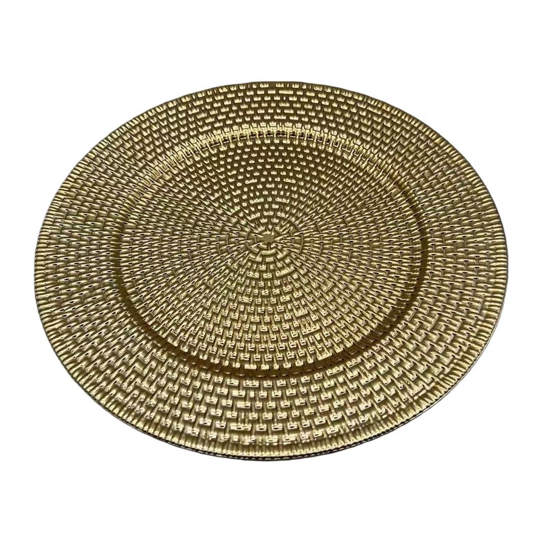 Golden woven texture plates are fashionable and creative home decoration tableware and table items. They are essential for restaurants Item Picture