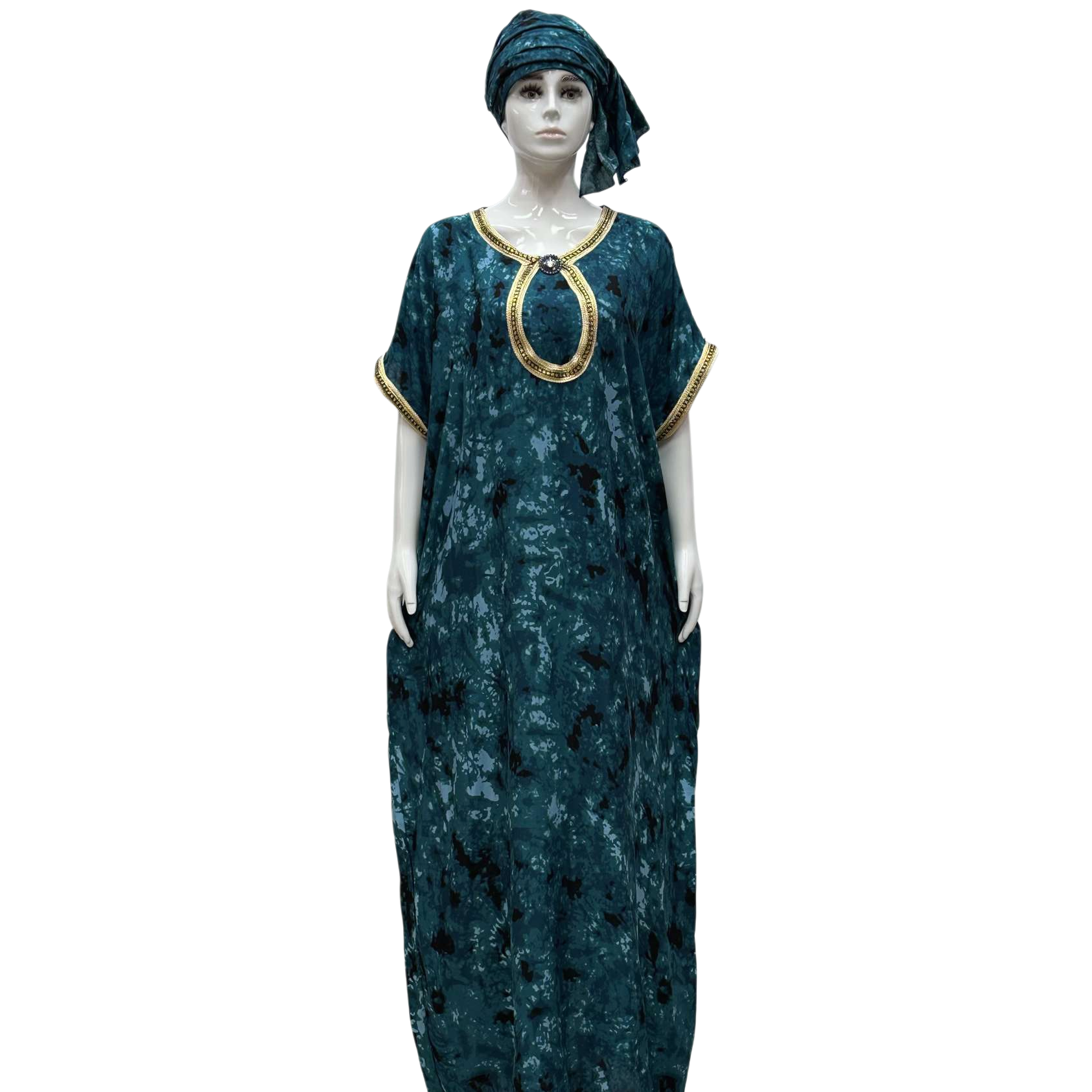 A model showcases the new summer women's wear in a loose, casual and retro style with dark green tie-dyed robes Item Picture