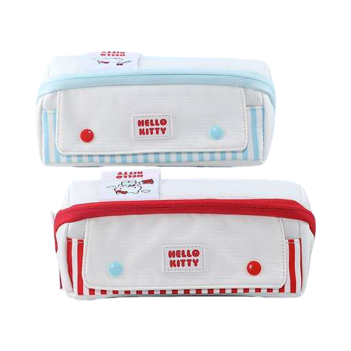 白色布艺笔袋带红蓝条纹装饰和Hello Kitty刺绣标时尚文具收纳袋学生用品白底实物图