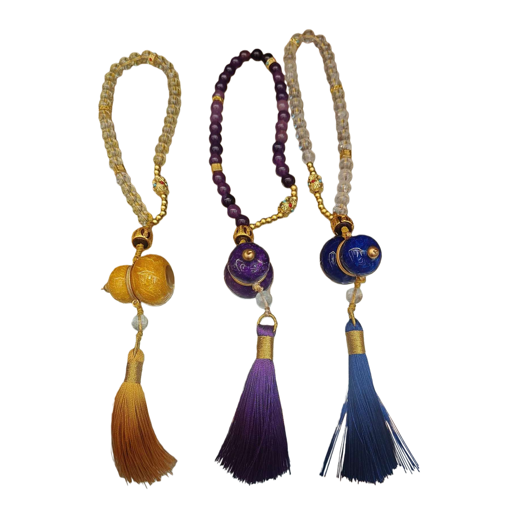 Three-string beaded pendant, amethyst crystal gold foil gourd, blue glaze gourd pendant with color tassels, fashionable and versatile accessory Item Picture