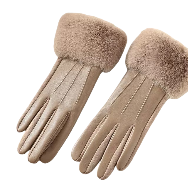 Beige deerskin warm touch screen gloves with plush cuffs, autumn and winter men's and women's styles, cold and wind protection, hand warmth, fashionable and casual Item Picture